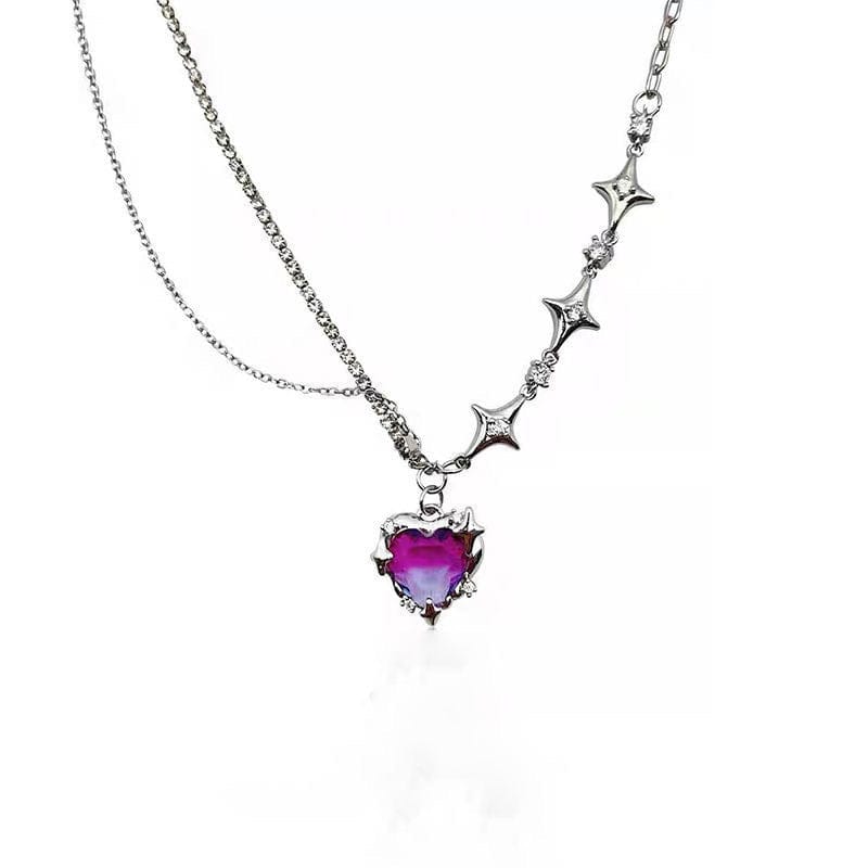 Dainty Layered CZ Inlaid Purple Crystal Heart Pendant Star Chain Necklace