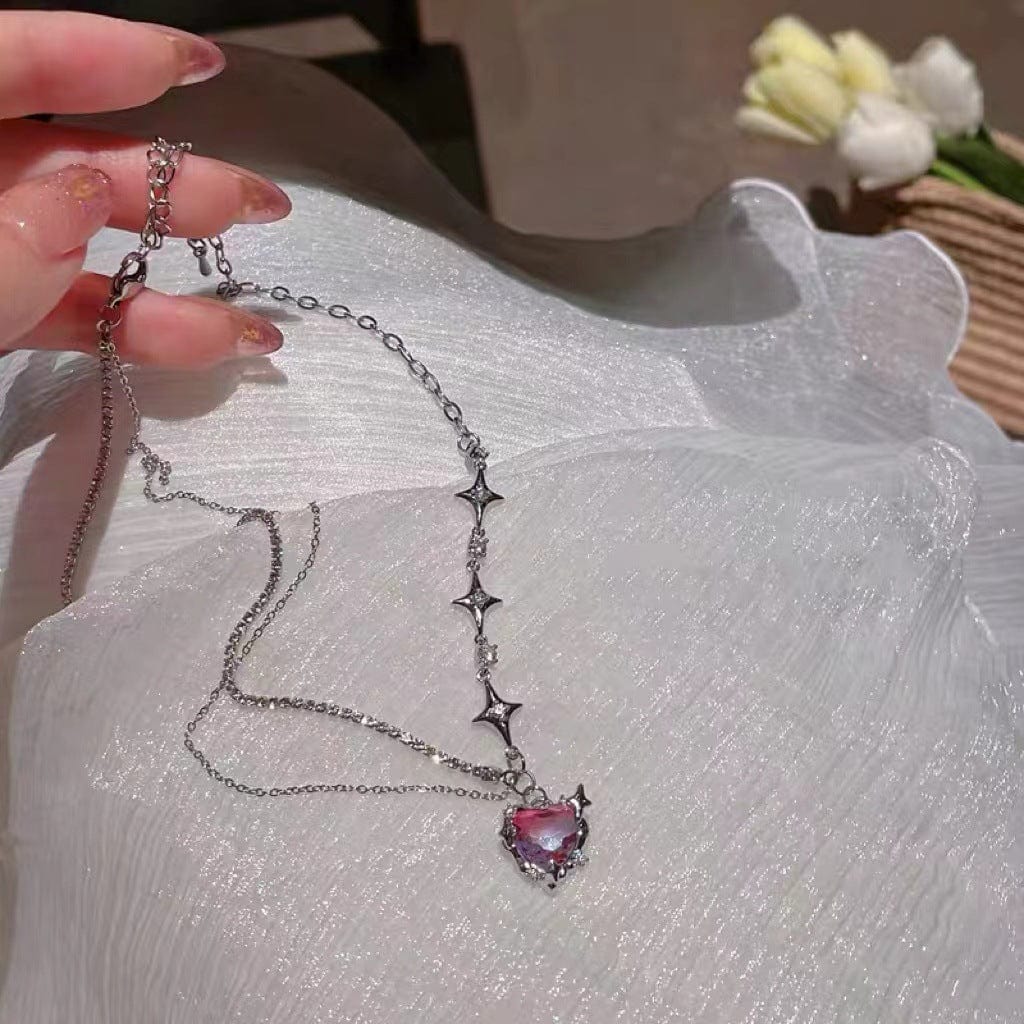 Dainty Layered CZ Inlaid Purple Crystal Heart Pendant Star Chain Necklace