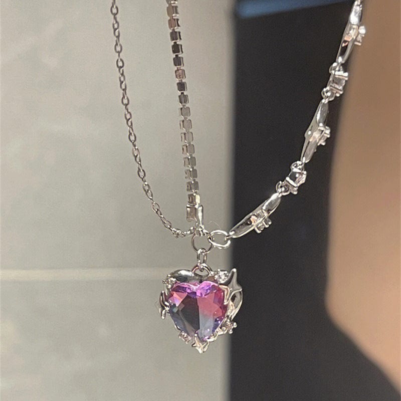 Dainty Layered CZ Inlaid Purple Crystal Heart Pendant Star Chain Necklace