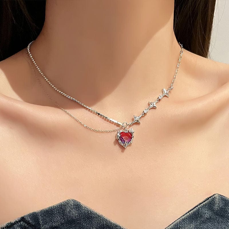 Dainty Layered CZ Inlaid Purple Crystal Heart Pendant Star Chain Necklace