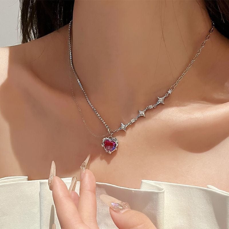 Dainty Layered CZ Inlaid Purple Crystal Heart Pendant Star Chain Necklace