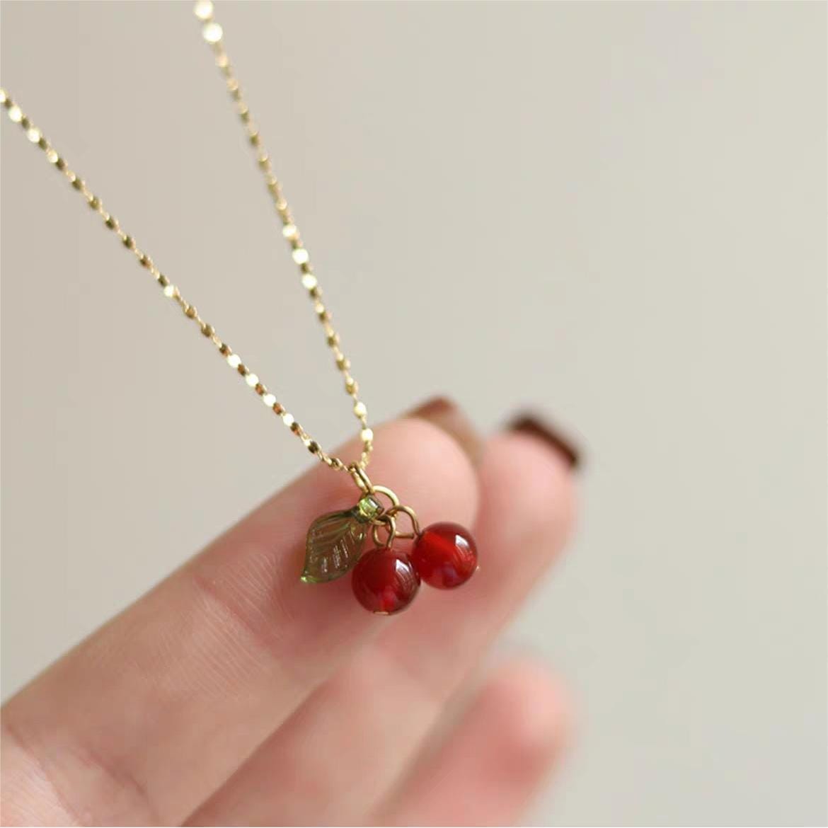 Dainty Handmade Crystal Cherry Pendant Necklace