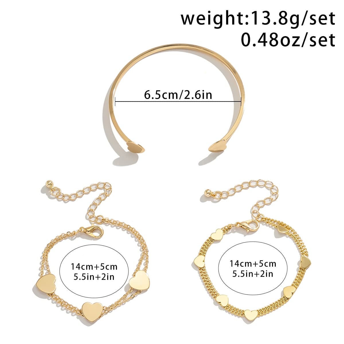 Dainty Heart Charm Stackable Bangle Bracelet Set