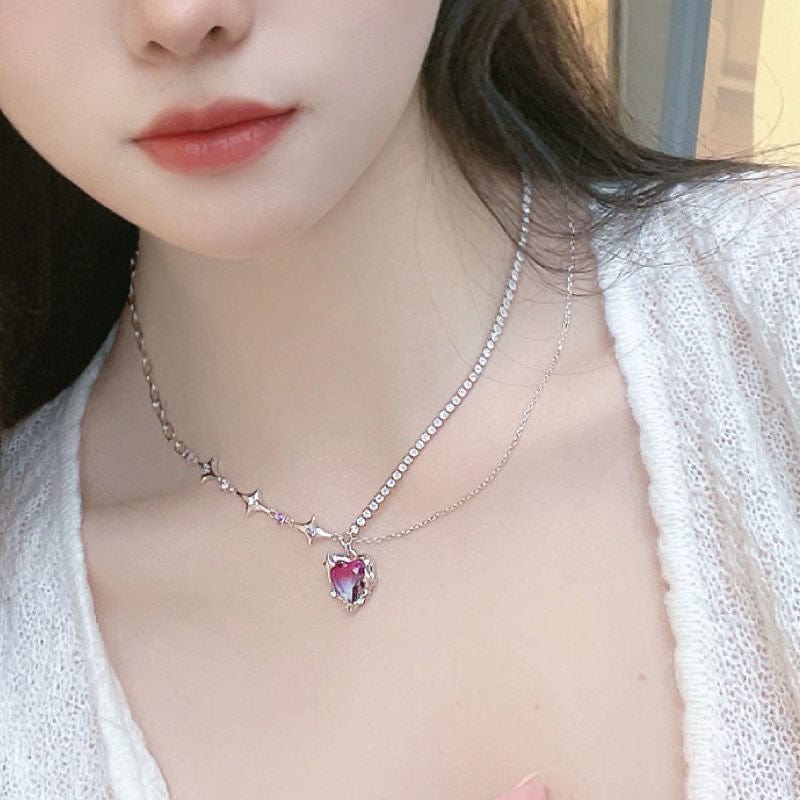 Dainty Layered CZ Inlaid Purple Crystal Heart Pendant Star Chain Necklace