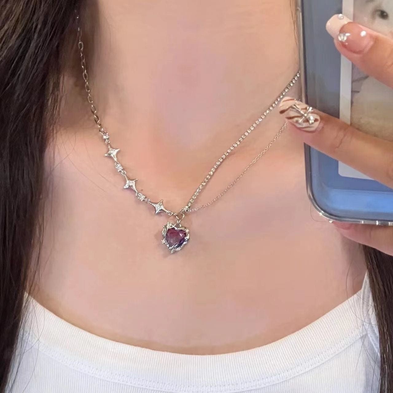 Dainty Layered CZ Inlaid Purple Crystal Heart Pendant Star Chain Necklace