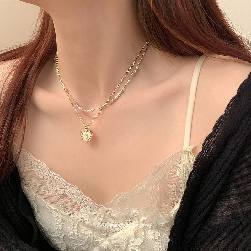 Dainty Layered Floral Heart Pendant Pearl Chain Choker Necklace Set
