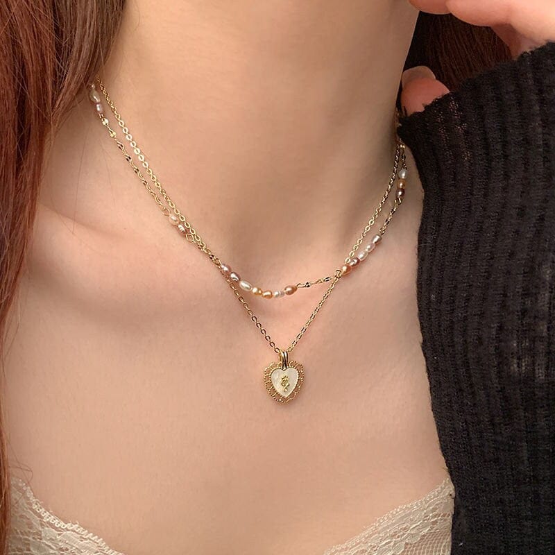 Dainty Layered Floral Heart Pendant Pearl Chain Choker Necklace Set