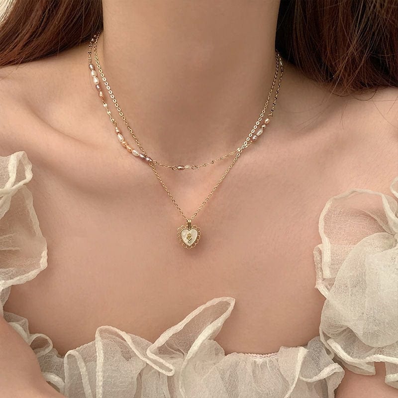 Dainty Layered Floral Heart Pendant Pearl Chain Choker Necklace Set