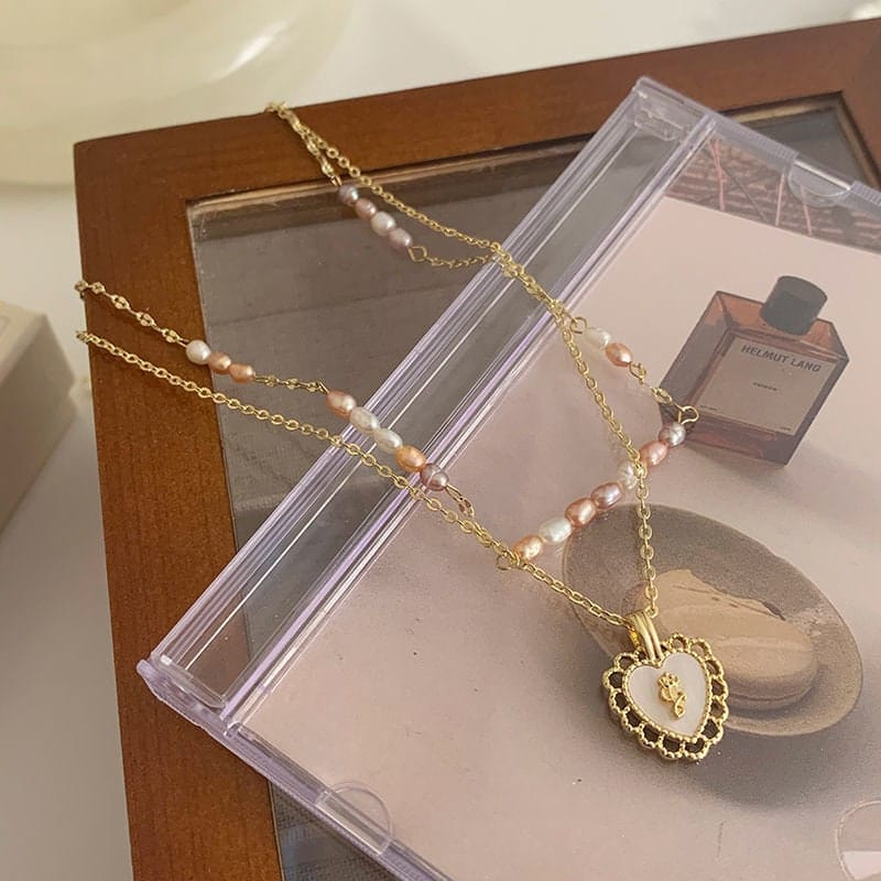 Dainty Layered Floral Heart Pendant Pearl Chain Choker Necklace Set