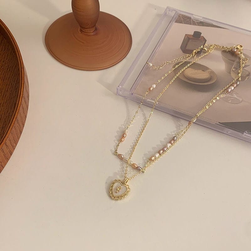 Dainty Layered Floral Heart Pendant Pearl Chain Choker Necklace Set