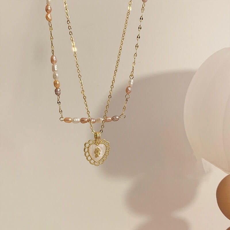 Dainty Layered Floral Heart Pendant Pearl Chain Choker Necklace Set